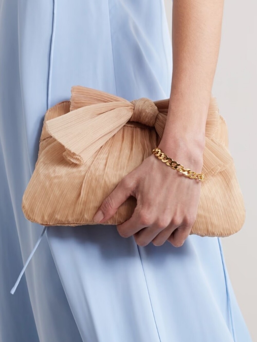 LOEFFLER RANDALL Rayne bow-embellished plissé-organza clutch NWT $250 (No Strap)
